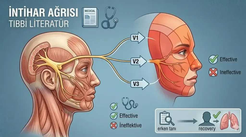Yüzdeki trigeminal sinirin üç ana dalını (V1, V2, V3) ve bu dalların etkilediği ağrı bölgelerini gösteren anatomik şema.