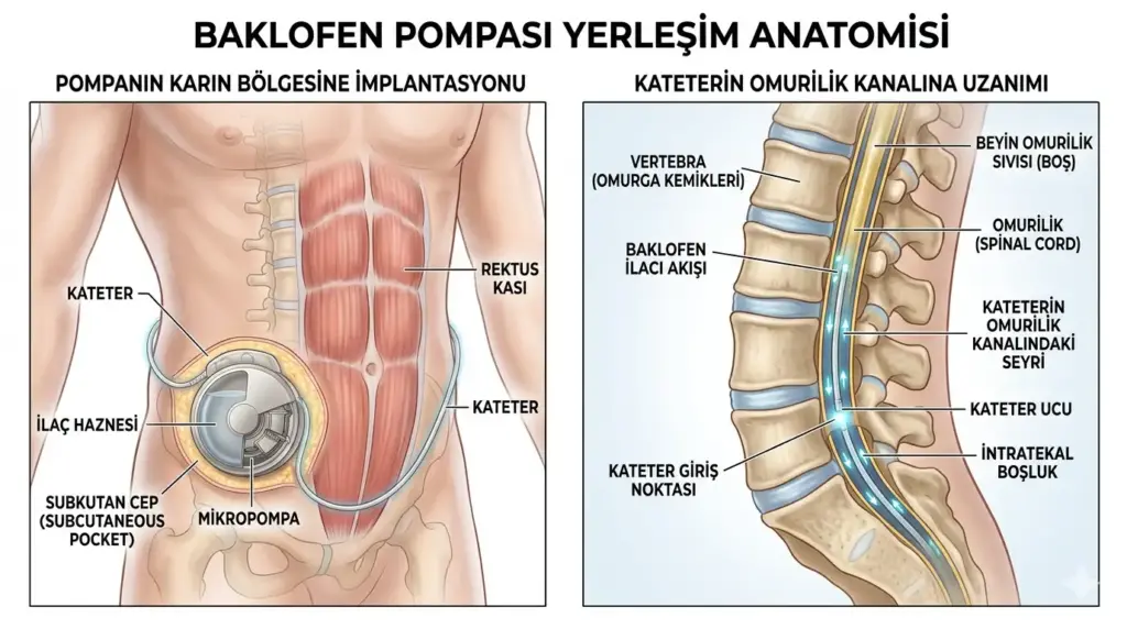 Baklofen pompası yerleşim anatomisi şeması; karın bölgesine yerleştirilen ilaç haznesi ve omurilik kanalına (intratekal boşluk) uzanan kateterin vücut üzerindeki konumu.