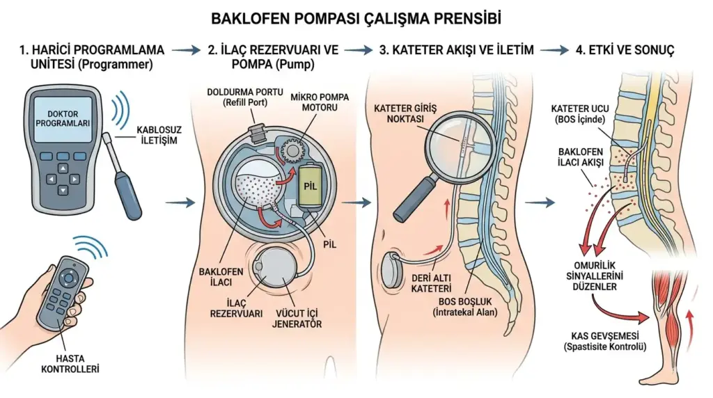 Baklofen pompası çalışma prensibi infografiği; harici programlama ünitesi, ilaç rezervuarı, mikro pompa motoru ve omurilik sinyalleri üzerindeki gevşetici etki mekanizması.