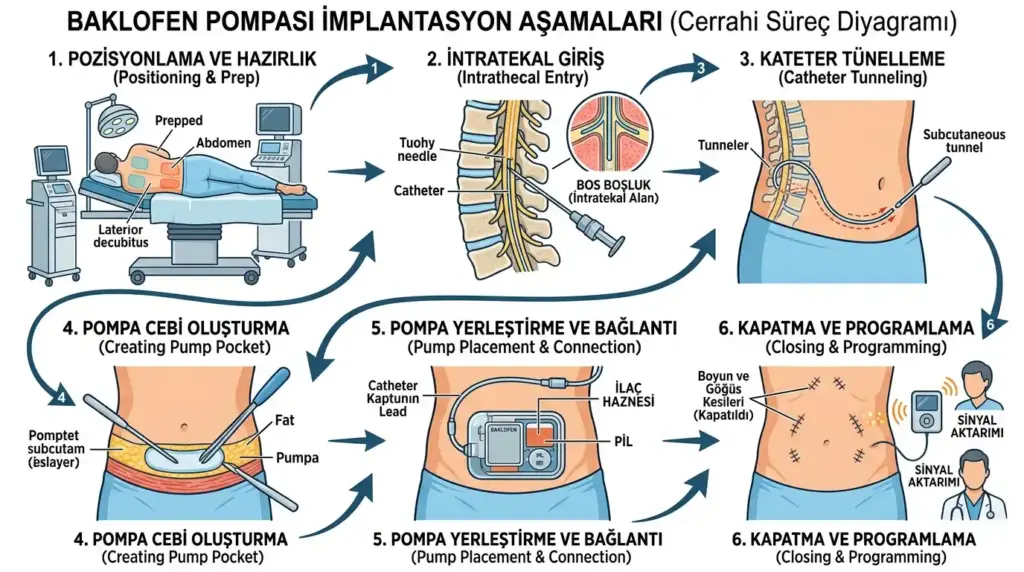 Baklofen pompası ameliyatı aşamaları; hasta pozisyonlama, intratekal giriş, kateter tünelleme, pompa cebi oluşturma ve cihaz bağlantısı adımlarını içeren cerrahi süreç diyagramı.